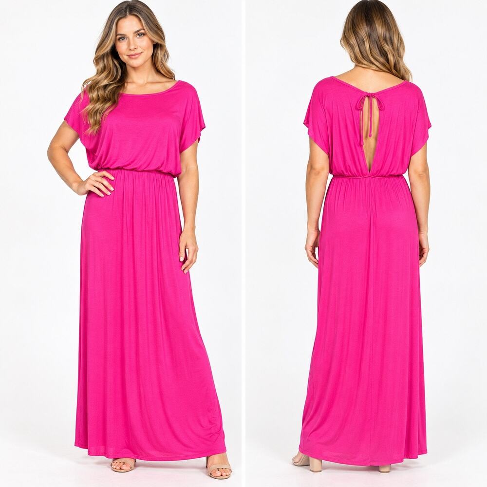 NWT Charming Charlie Pink Maxi Blouson Dress Boat Neck Open Tie Back Medium